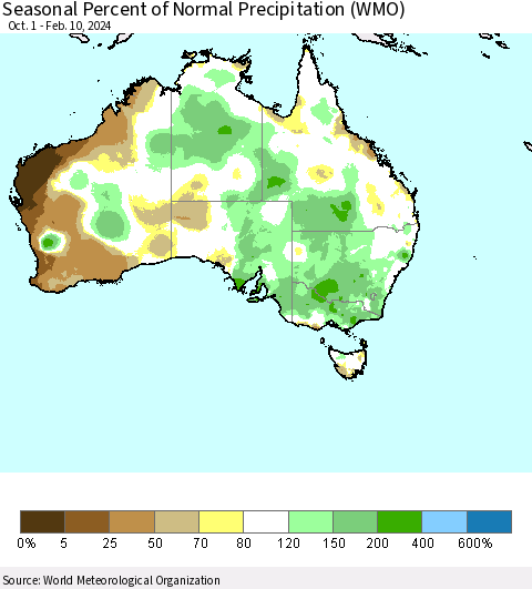 Australia Seasonal Percent of Normal Precipitation (WMO) Thematic Map For 10/1/2023 - 2/10/2024