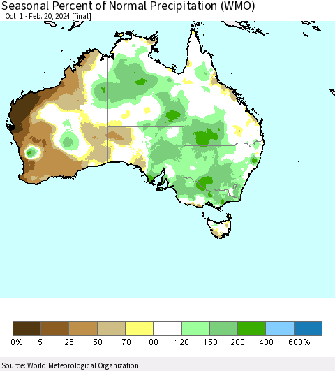 Australia Seasonal Percent of Normal Precipitation (WMO) Thematic Map For 10/1/2023 - 2/20/2024