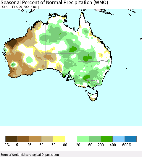 Australia Seasonal Percent of Normal Precipitation (WMO) Thematic Map For 10/1/2023 - 2/29/2024
