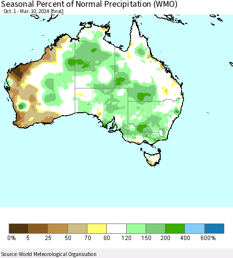 Australia Seasonal Percent of Normal Precipitation (WMO) Thematic Map For 10/1/2023 - 3/10/2024