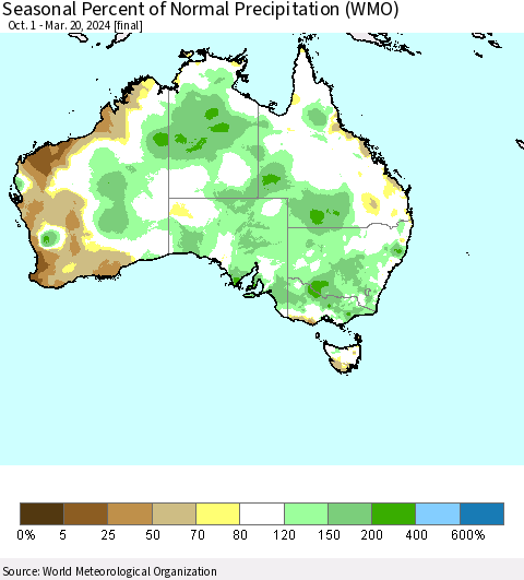 Australia Seasonal Percent of Normal Precipitation (WMO) Thematic Map For 10/1/2023 - 3/20/2024
