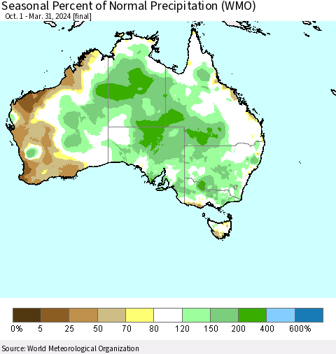 Australia Seasonal Percent of Normal Precipitation (WMO) Thematic Map For 10/1/2023 - 3/31/2024