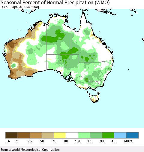 Australia Seasonal Percent of Normal Precipitation (WMO) Thematic Map For 10/1/2023 - 4/20/2024
