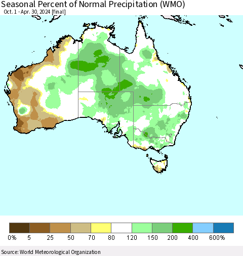 Australia Seasonal Percent of Normal Precipitation (WMO) Thematic Map For 10/1/2023 - 4/30/2024