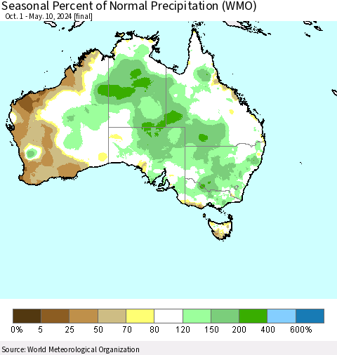 Australia Seasonal Percent of Normal Precipitation (WMO) Thematic Map For 10/1/2023 - 5/10/2024