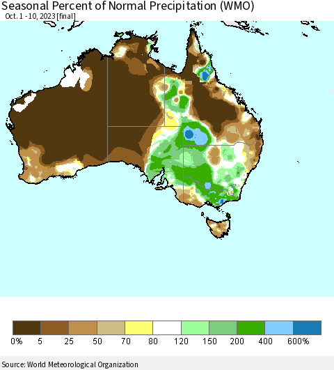 Australia Seasonal Percent of Normal Precipitation (WMO) Thematic Map For 10/1/2023 - 10/10/2023
