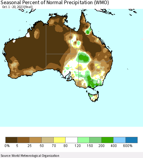 Australia Seasonal Percent of Normal Precipitation (WMO) Thematic Map For 10/1/2023 - 10/20/2023