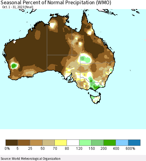 Australia Seasonal Percent of Normal Precipitation (WMO) Thematic Map For 10/1/2023 - 10/31/2023