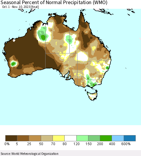 Australia Seasonal Percent of Normal Precipitation (WMO) Thematic Map For 10/1/2023 - 11/10/2023