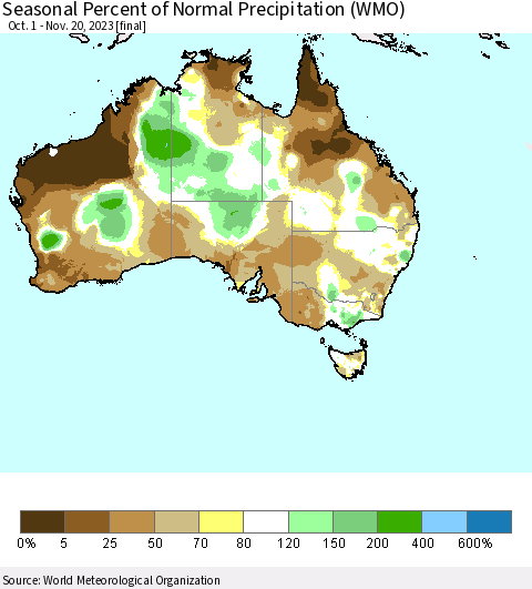 Australia Seasonal Percent of Normal Precipitation (WMO) Thematic Map For 10/1/2023 - 11/20/2023