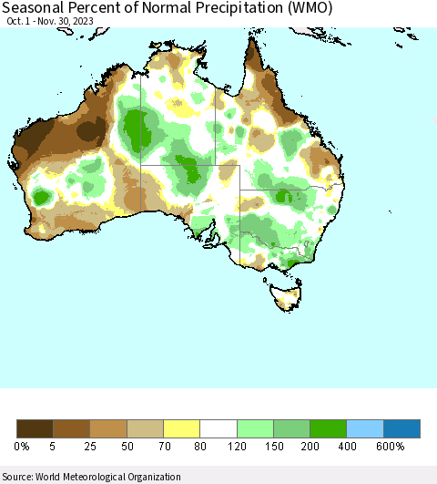 Australia Seasonal Percent of Normal Precipitation (WMO) Thematic Map For 10/1/2023 - 11/30/2023