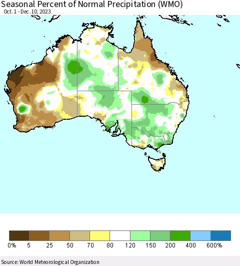 Australia Seasonal Percent of Normal Precipitation (WMO) Thematic Map For 10/1/2023 - 12/10/2023
