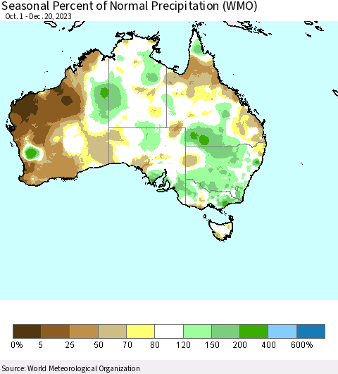 Australia Seasonal Percent of Normal Precipitation (WMO) Thematic Map For 10/1/2023 - 12/20/2023