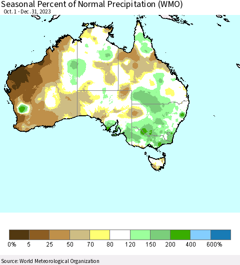 Australia Seasonal Percent of Normal Precipitation (WMO) Thematic Map For 10/1/2023 - 12/31/2023