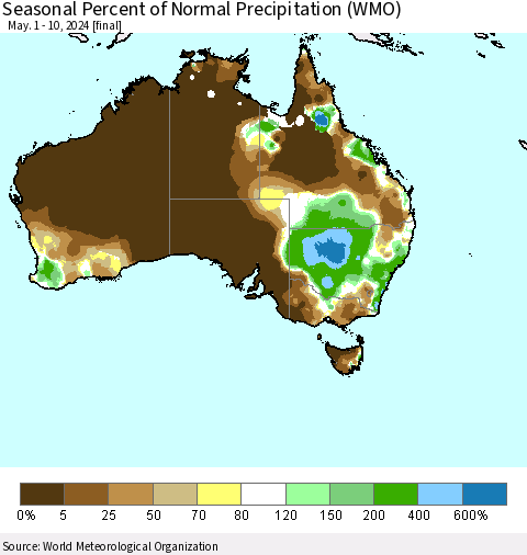 Australia Seasonal Percent of Normal Precipitation (WMO) Thematic Map For 5/1/2024 - 5/10/2024