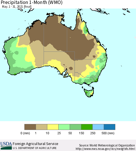 Australia Precipitation 1-Month (WMO) Thematic Map For 5/1/2021 - 5/31/2021