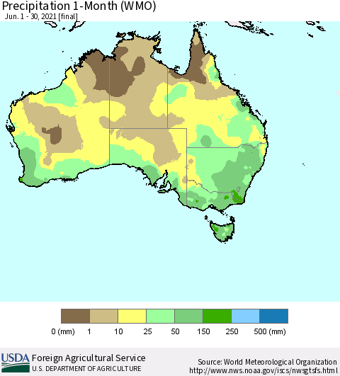 Australia Precipitation 1-Month (WMO) Thematic Map For 6/1/2021 - 6/30/2021