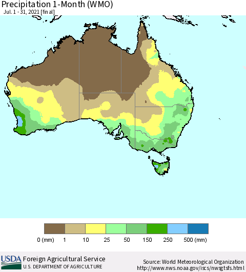 Australia Precipitation 1-Month (WMO) Thematic Map For 7/1/2021 - 7/31/2021