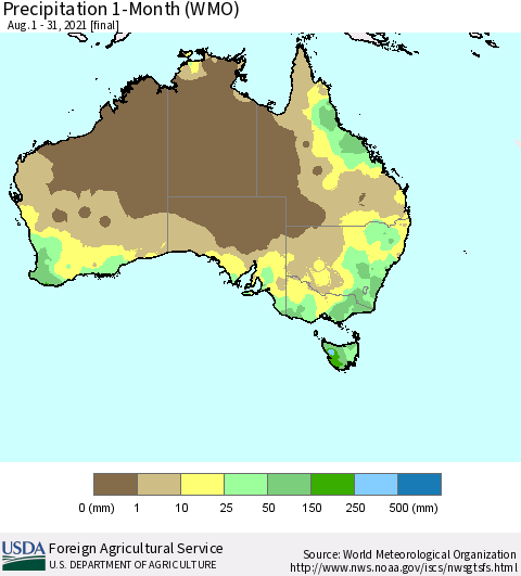 Australia Precipitation 1-Month (WMO) Thematic Map For 8/1/2021 - 8/31/2021