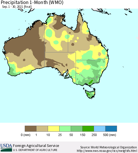Australia Precipitation 1-Month (WMO) Thematic Map For 9/1/2021 - 9/30/2021