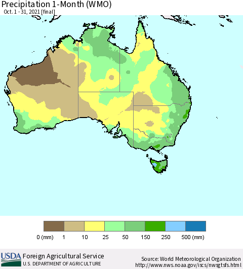 Australia Precipitation 1-Month (WMO) Thematic Map For 10/1/2021 - 10/31/2021