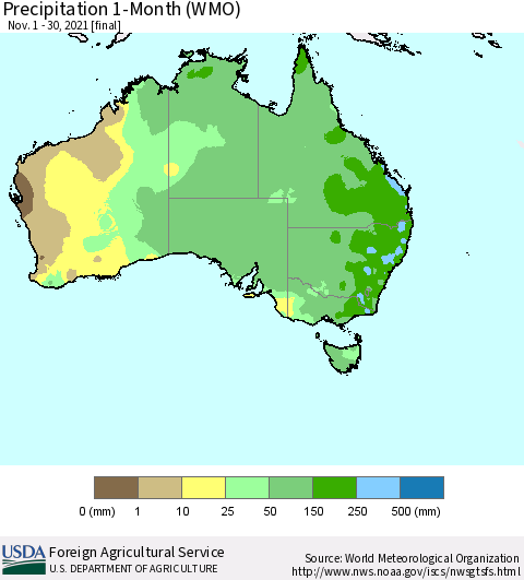 Australia Precipitation 1-Month (WMO) Thematic Map For 11/1/2021 - 11/30/2021