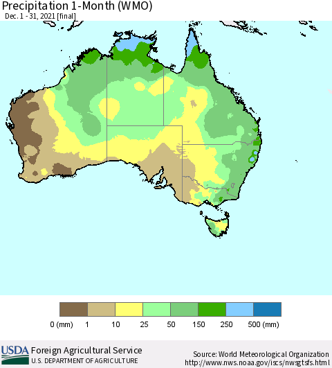 Australia Precipitation 1-Month (WMO) Thematic Map For 12/1/2021 - 12/31/2021