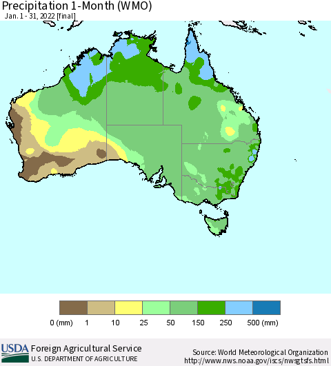 Australia Precipitation 1-Month (WMO) Thematic Map For 1/1/2022 - 1/31/2022