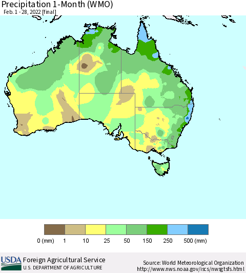 Australia Precipitation 1-Month (WMO) Thematic Map For 2/1/2022 - 2/28/2022