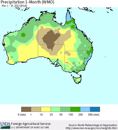 Australia Precipitation 1-Month (WMO) Thematic Map For 3/1/2022 - 3/31/2022