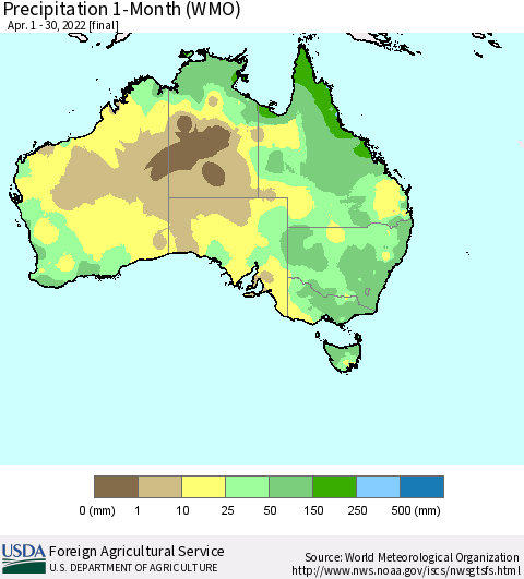 Australia Precipitation 1-Month (WMO) Thematic Map For 4/1/2022 - 4/30/2022
