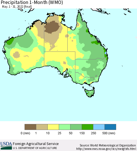 Australia Precipitation 1-Month (WMO) Thematic Map For 5/1/2022 - 5/31/2022