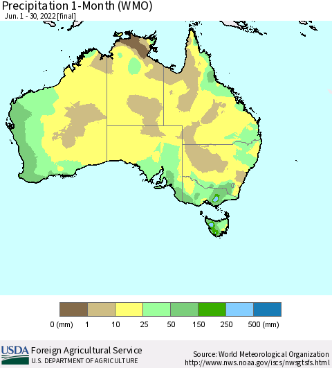 Australia Precipitation 1-Month (WMO) Thematic Map For 6/1/2022 - 6/30/2022