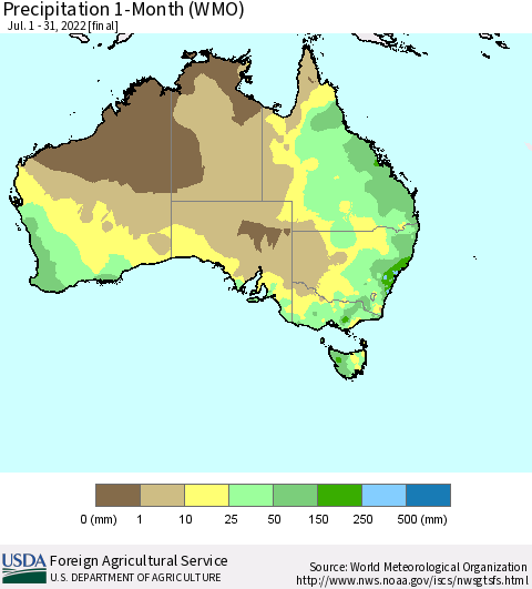 Australia Precipitation 1-Month (WMO) Thematic Map For 7/1/2022 - 7/31/2022