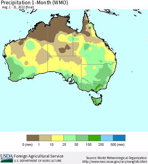 Australia Precipitation 1-Month (WMO) Thematic Map For 8/1/2022 - 8/31/2022
