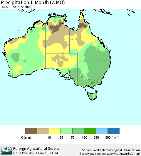 Australia Precipitation 1-Month (WMO) Thematic Map For 9/1/2022 - 9/30/2022