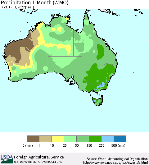 Australia Precipitation 1-Month (WMO) Thematic Map For 10/1/2022 - 10/31/2022