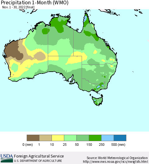 Australia Precipitation 1-Month (WMO) Thematic Map For 11/1/2022 - 11/30/2022