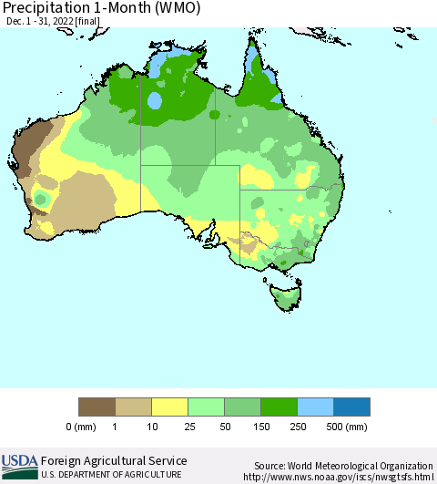 Australia Precipitation 1-Month (WMO) Thematic Map For 12/1/2022 - 12/31/2022