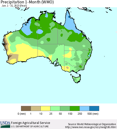Australia Precipitation 1-Month (WMO) Thematic Map For 1/1/2023 - 1/31/2023