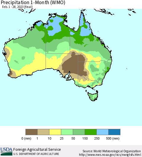 Australia Precipitation 1-Month (WMO) Thematic Map For 2/1/2023 - 2/28/2023