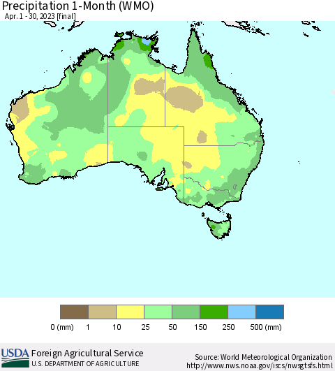 Australia Precipitation 1-Month (WMO) Thematic Map For 4/1/2023 - 4/30/2023
