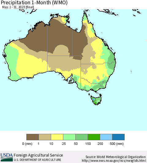 Australia Precipitation 1-Month (WMO) Thematic Map For 5/1/2023 - 5/31/2023