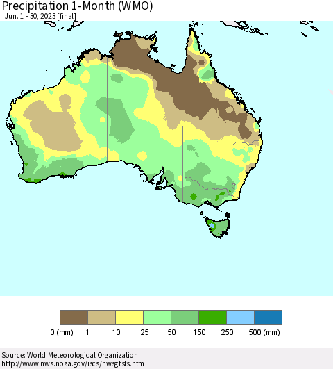 Australia Precipitation 1-Month (WMO) Thematic Map For 6/1/2023 - 6/30/2023