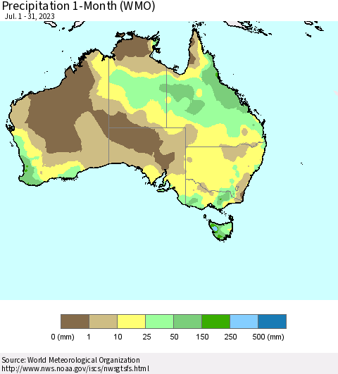 Australia Precipitation 1-Month (WMO) Thematic Map For 7/1/2023 - 7/31/2023