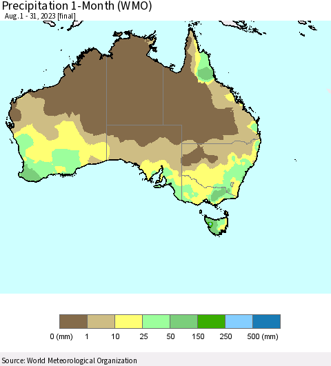 Australia Precipitation 1-Month (WMO) Thematic Map For 8/1/2023 - 8/31/2023