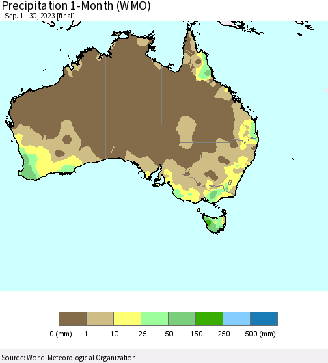 Australia Precipitation 1-Month (WMO) Thematic Map For 9/1/2023 - 9/30/2023