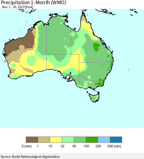 Australia Precipitation 1-Month (WMO) Thematic Map For 11/1/2023 - 11/30/2023