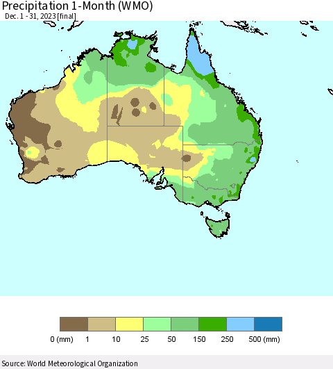 Australia Precipitation 1-Month (WMO) Thematic Map For 12/1/2023 - 12/31/2023