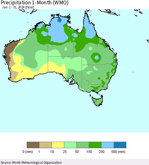 Australia Precipitation 1-Month (WMO) Thematic Map For 1/1/2024 - 1/31/2024